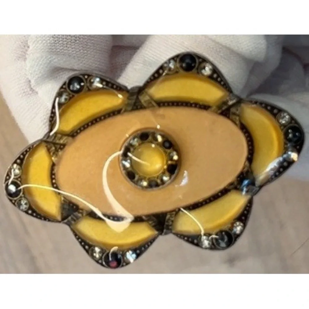 Vintage Unsigned Catherine Popesco Brooch Enamel‎ Rhinestones Yellow